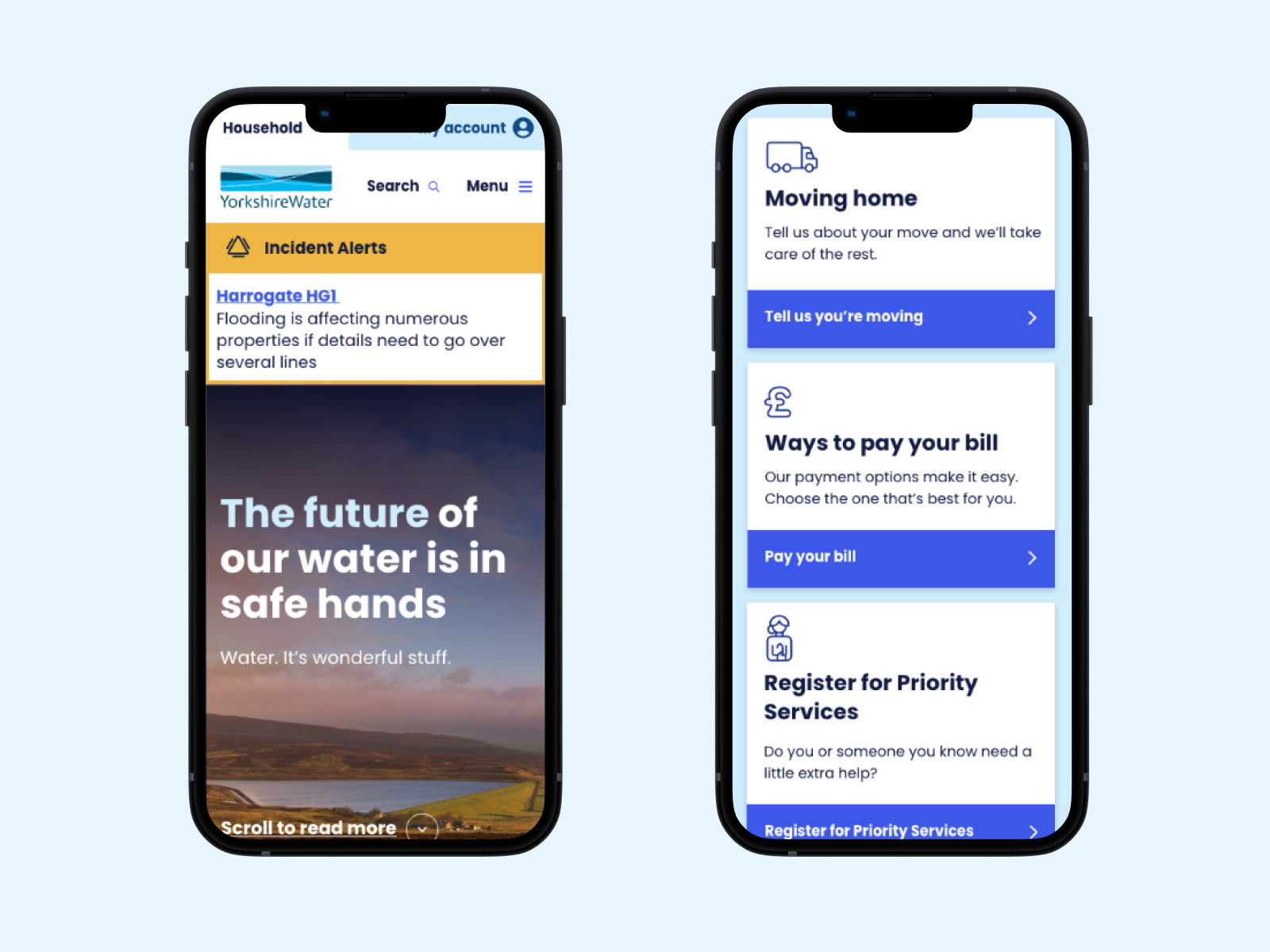 Yorkshire Water home page on mobile